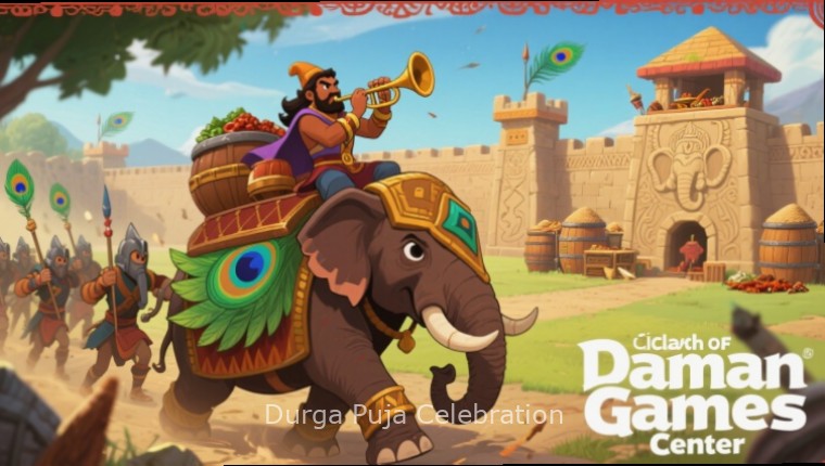 Durga Puja Celebration game features showcase with players participating in traditional dance and rituals