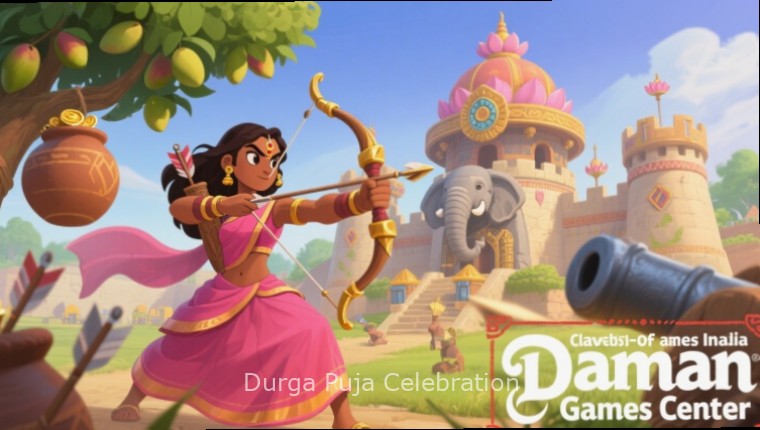 Durga Puja Celebration攻略 screenshot showing optimal pandal layout with altar in center surrounded by food stalls and performance areas